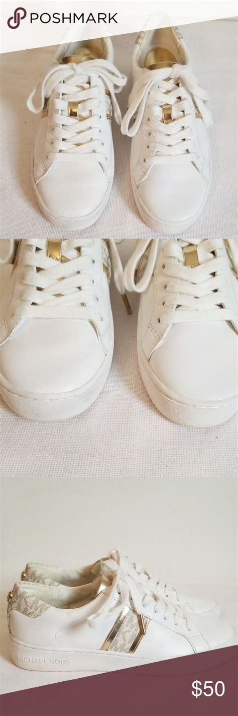 michael kors white and black sneakers with gold|Michael Kors white leather sneakers.